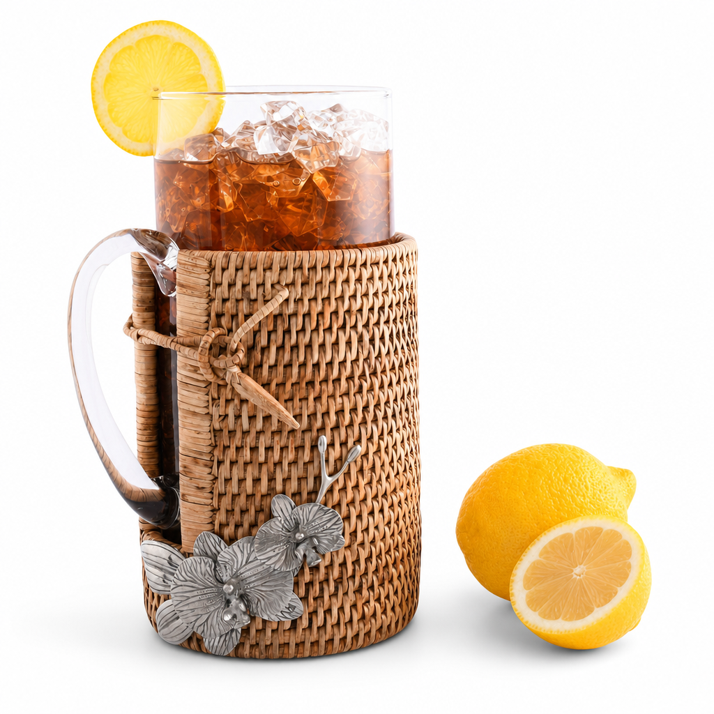 Orchid Glass Pitcher Hand Woven Wicker Natural Rattan Cover 1
