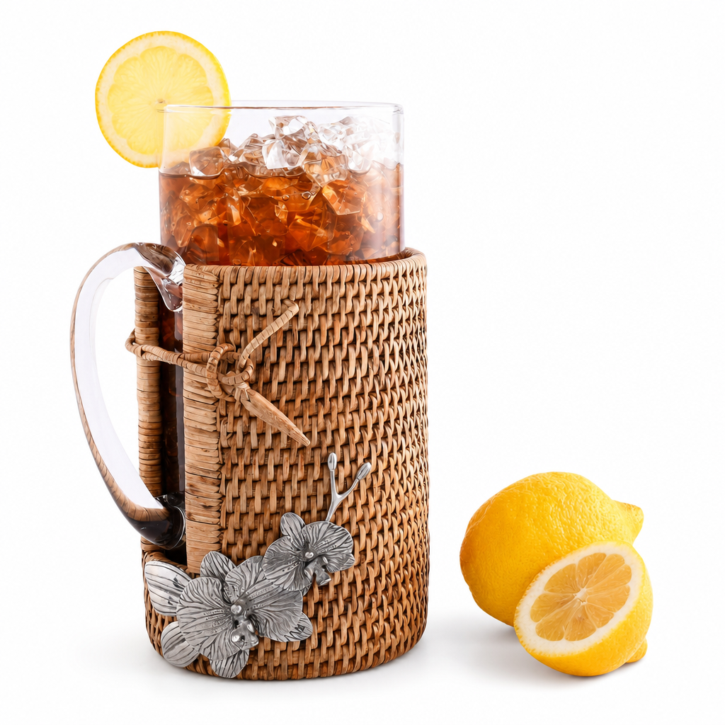 Orchid Glass Pitcher Hand Woven Wicker Natural Rattan Cover 1