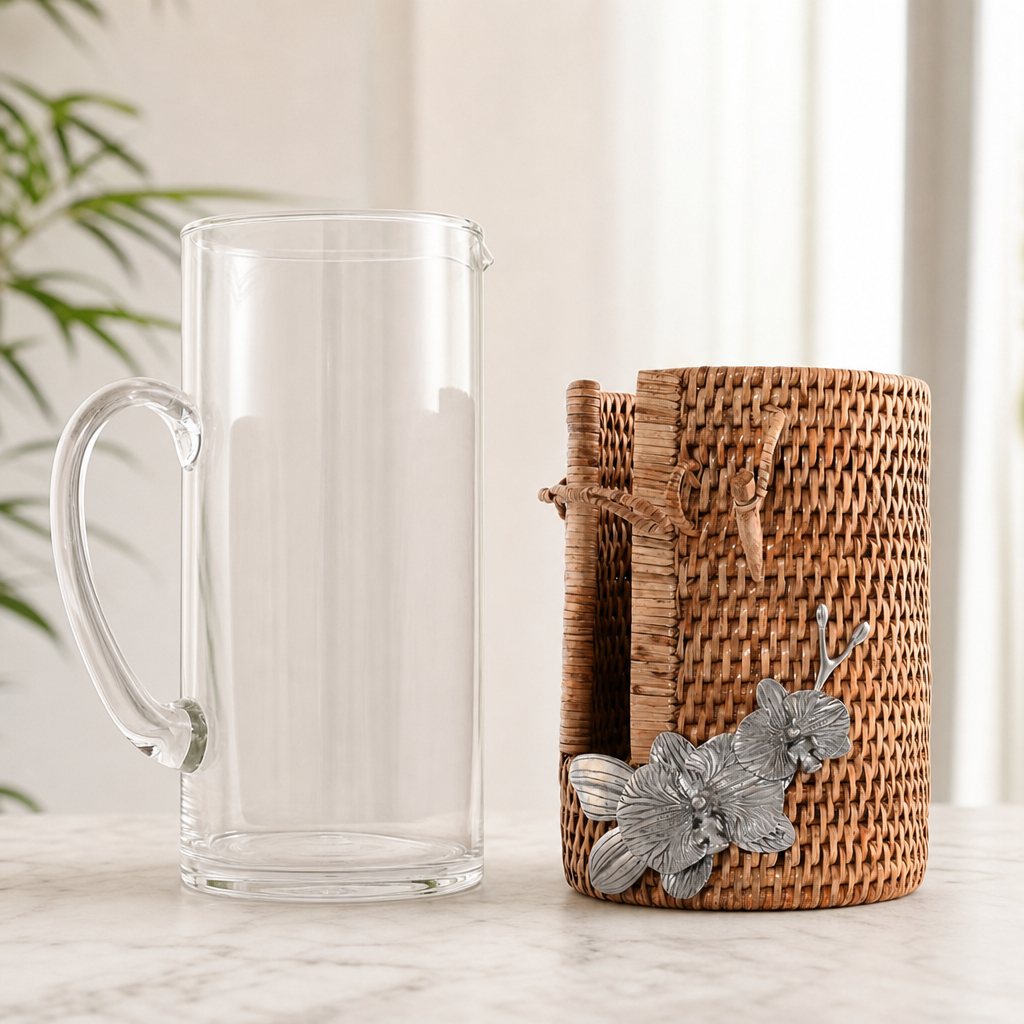 Orchid Glass Pitcher Hand Woven Wicker Natural Rattan Cover 10