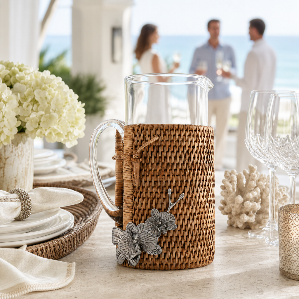 Orchid Glass Pitcher Hand Woven Wicker Natural Rattan Cover 8