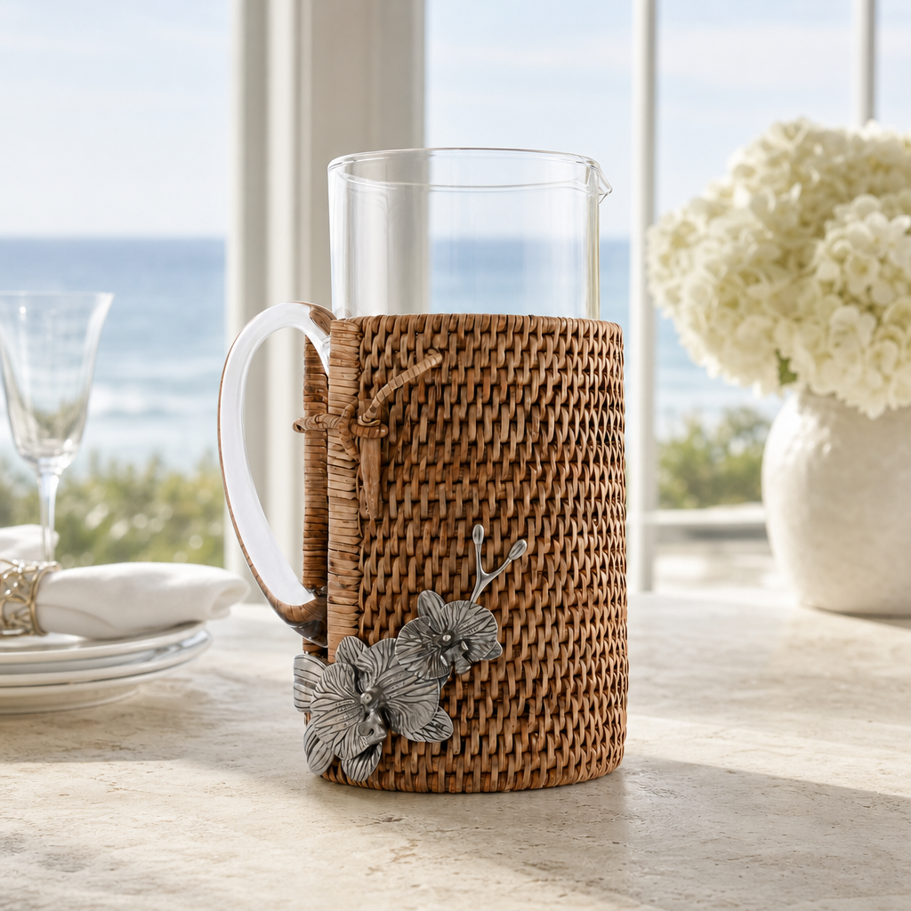 Orchid Glass Pitcher Hand Woven Wicker Natural Rattan Cover 4
