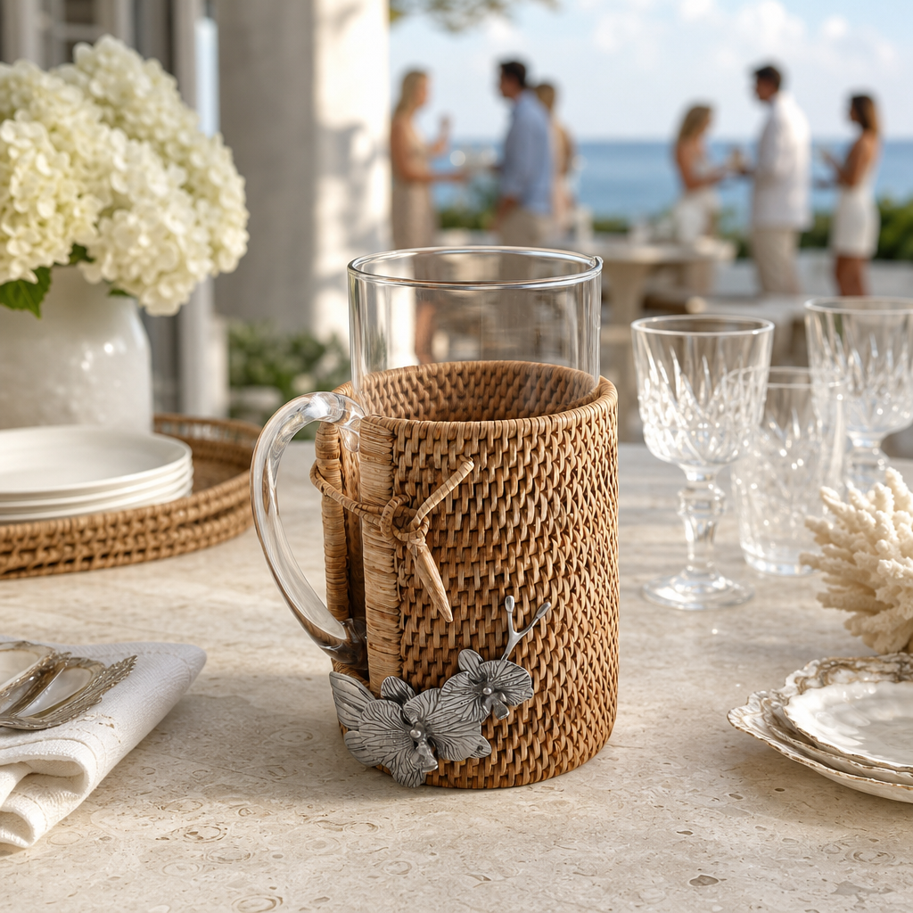 Orchid Glass Pitcher Hand Woven Wicker Natural Rattan Cover 9