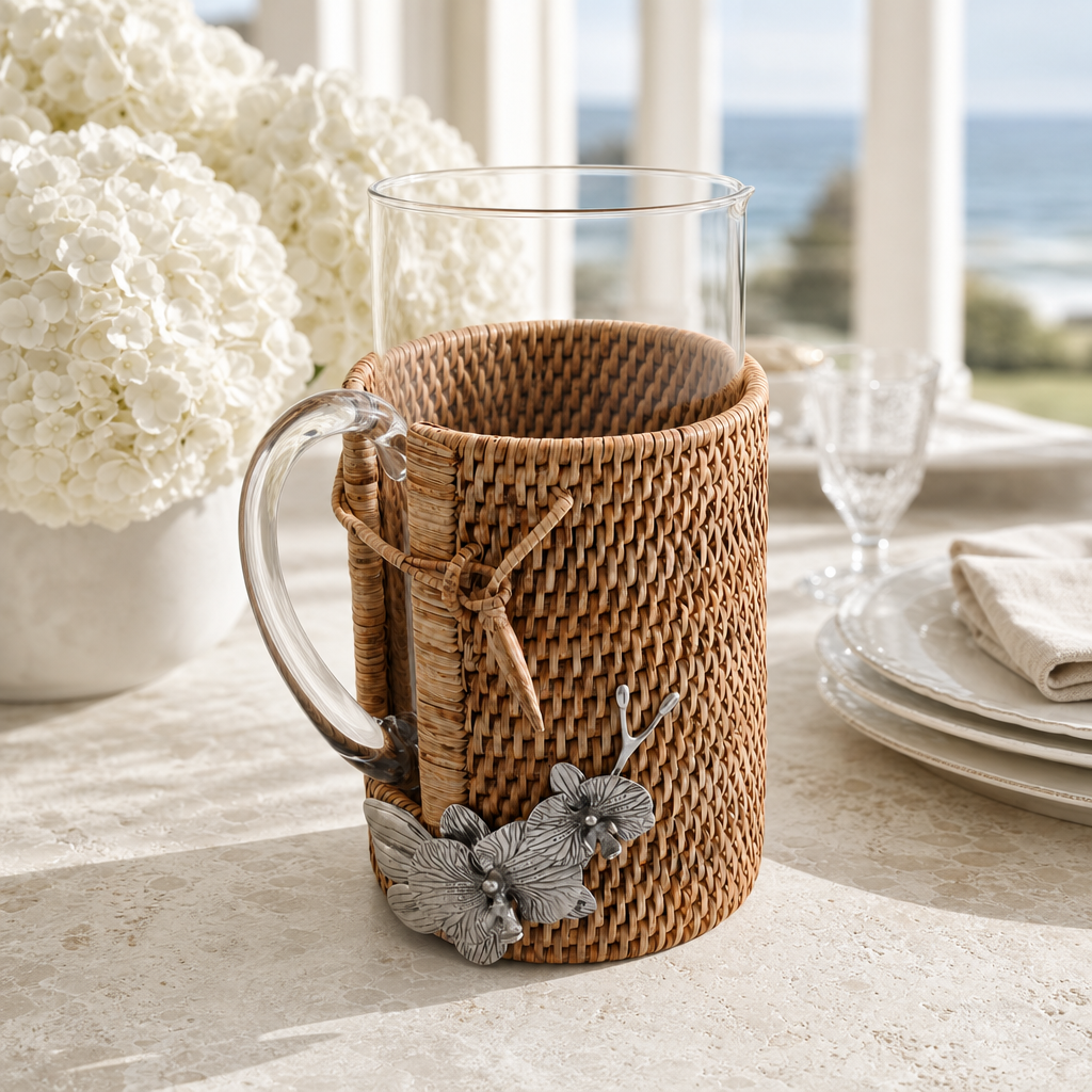 Orchid Glass Pitcher Hand Woven Wicker Natural Rattan Cover 5