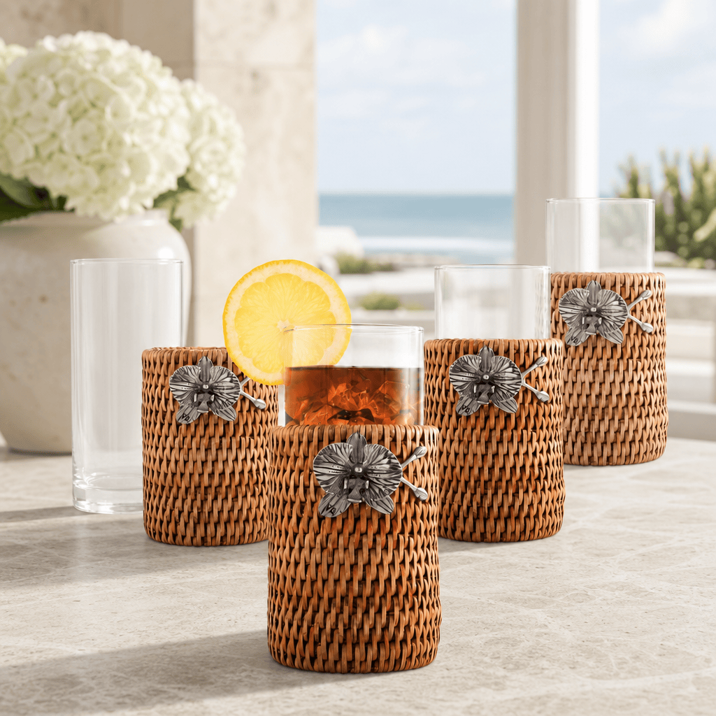 Orchid Drinking Glass Covered with Hand Woven Wicker Rattan - Set of 4 1