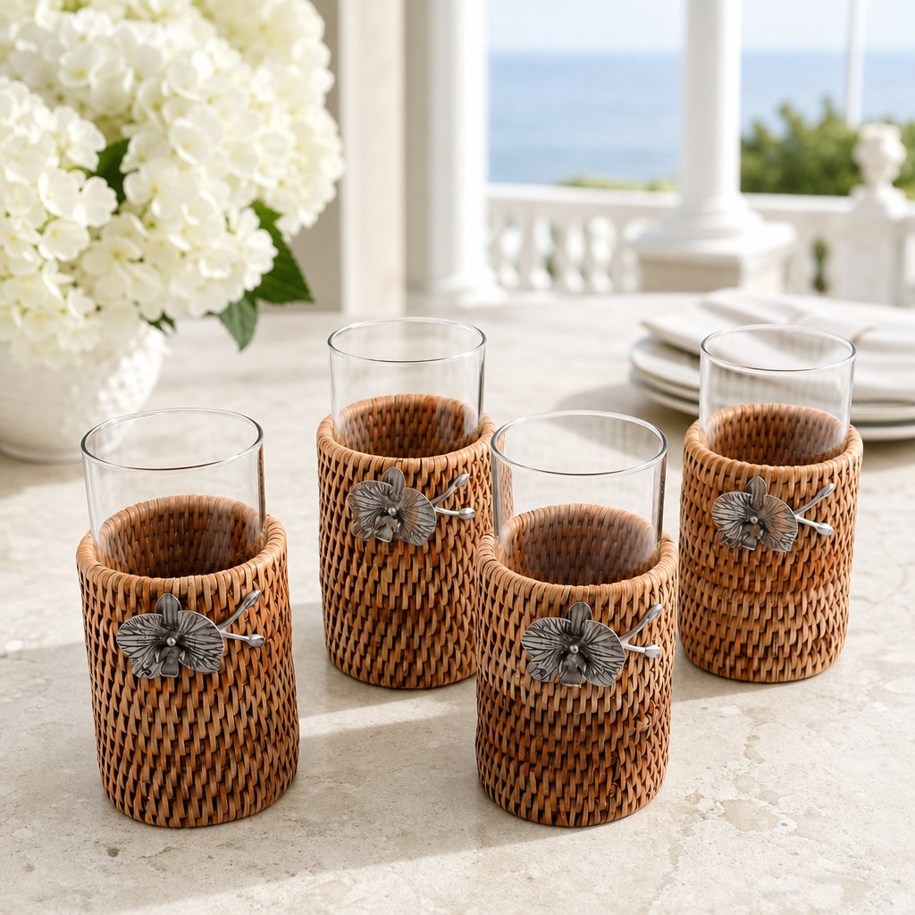 Orchid Drinking Glass Covered with Hand Woven Wicker Rattan - Set of 4 5