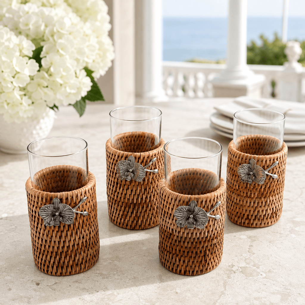 Orchid Drinking Glass Covered with Hand Woven Wicker Rattan - Set of 4 5