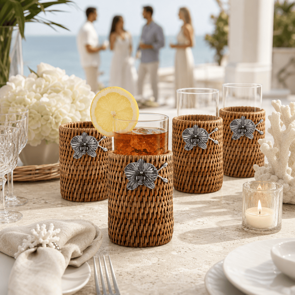 Orchid Drinking Glass Covered with Hand Woven Wicker Rattan - Set of 4 6