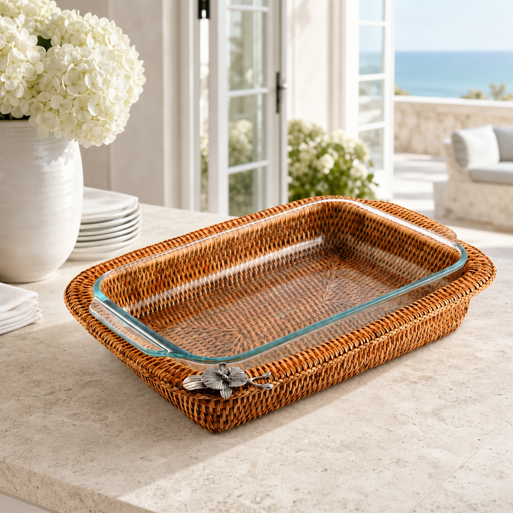 Orchid Hand Woven Wicker Rattan 3qt Rectangular Casserole Holder 1