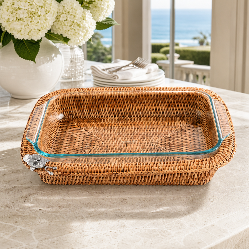 Orchid Hand Woven Wicker Rattan 3qt Rectangular Casserole Holder 3