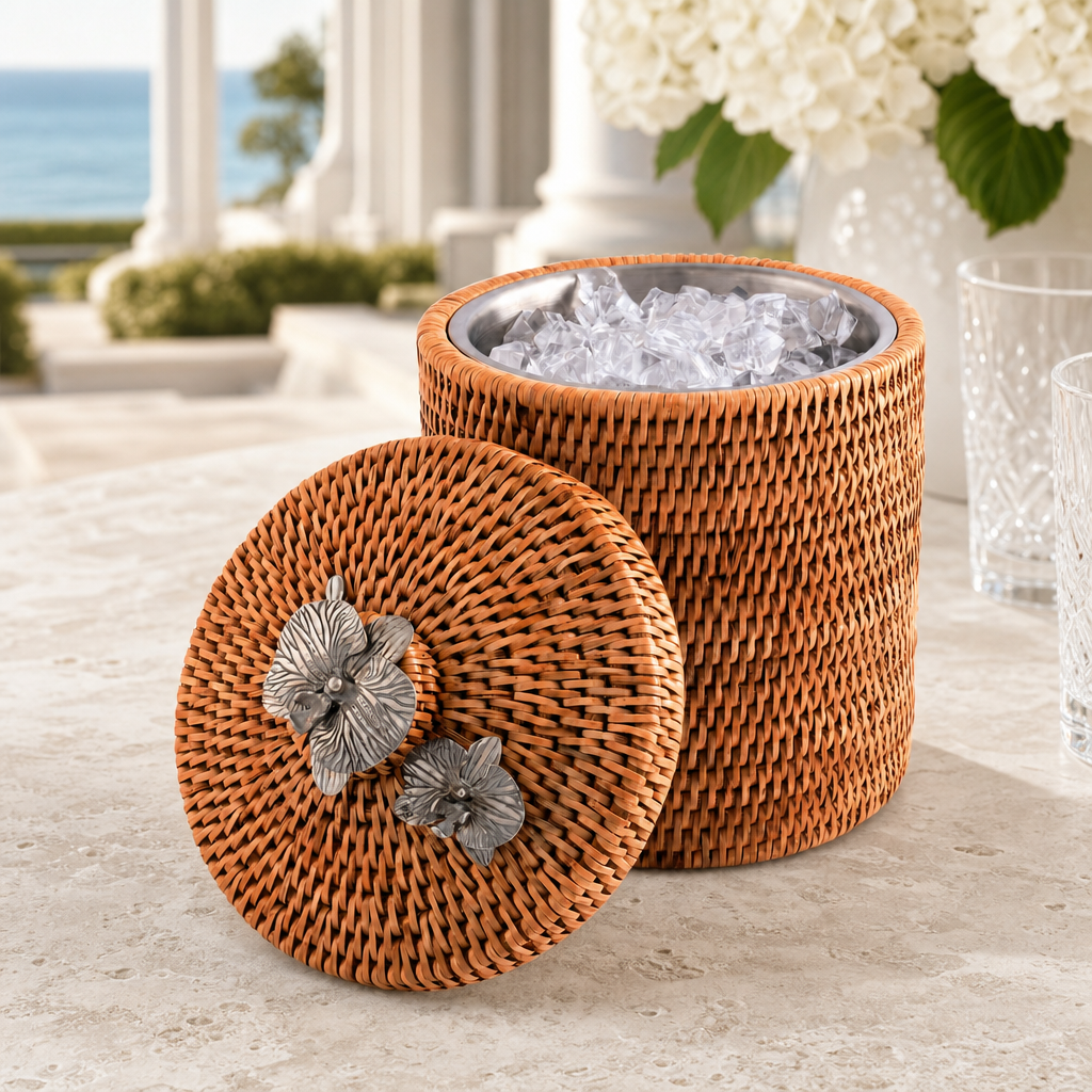 Orchids Hand Woven Wicker Rattan Lidded Ice Bucket 1