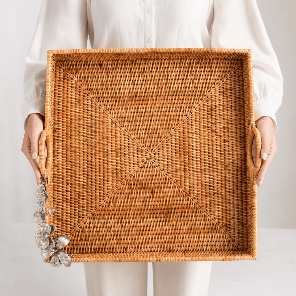 Orchid Hand Woven Wicker Rattan Large Square Tray 10