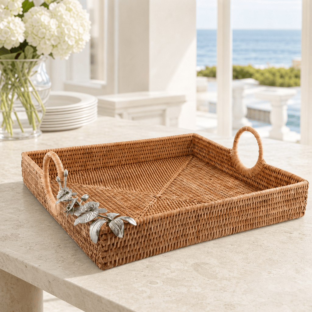 Orchid Hand Woven Wicker Rattan Large Square Tray 1