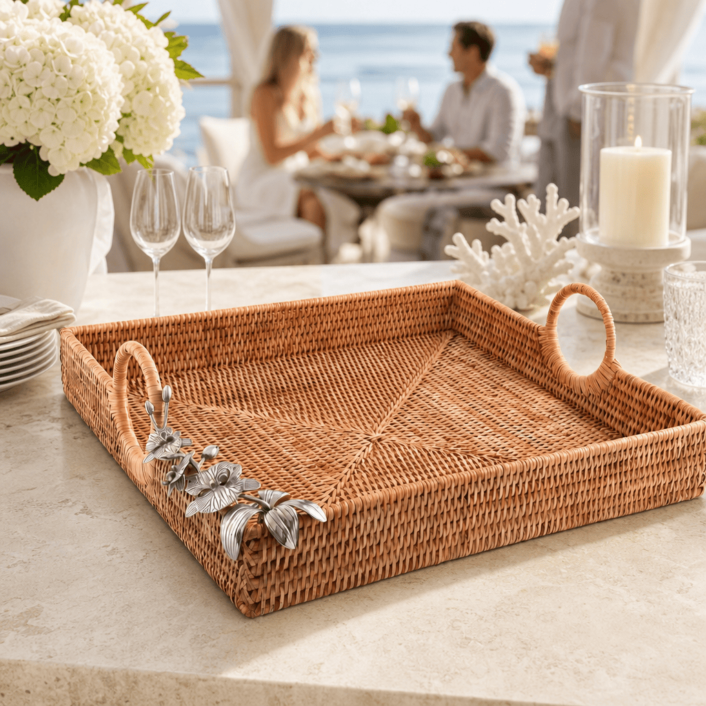 Orchid Hand Woven Wicker Rattan Large Square Tray 6