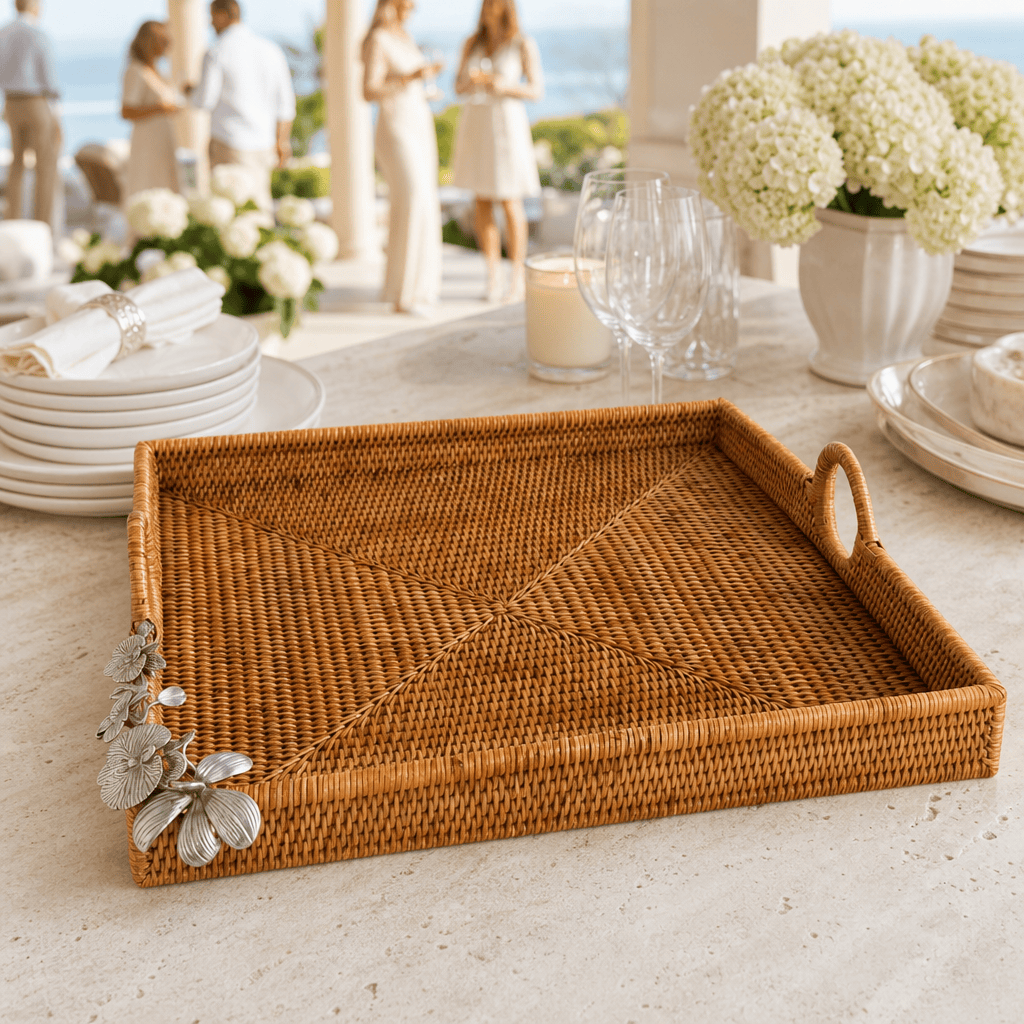 Orchid Hand Woven Wicker Rattan Large Square Tray 7