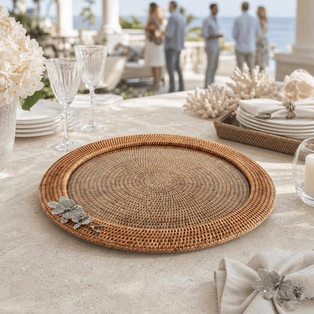 Orchid Round Serving Tray Hand Woven Wicker Rattan - Glass Insert 6