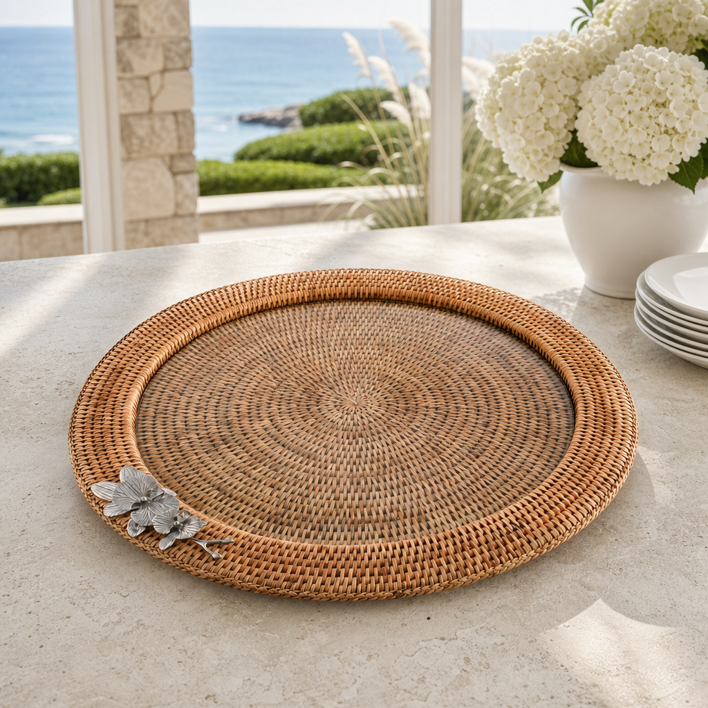 Orchid Round Serving Tray Hand Woven Wicker Rattan - Glass Insert 1