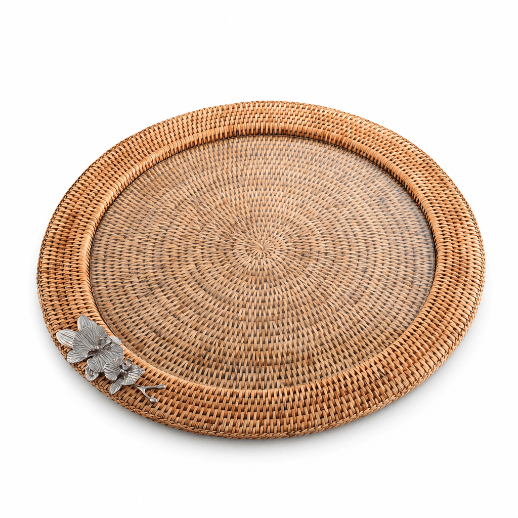 Orchid Round Serving Tray Hand Woven Wicker Rattan - Glass Insert 1