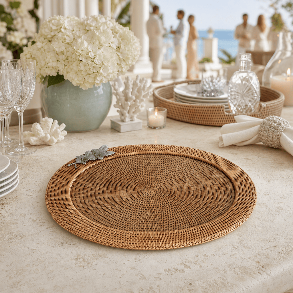Orchid Round Serving Tray Hand Woven Wicker Rattan - Glass Insert 7