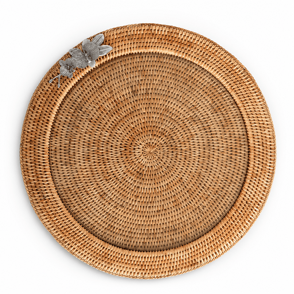 Orchid Round Serving Tray Hand Woven Wicker Rattan - Glass Insert 10