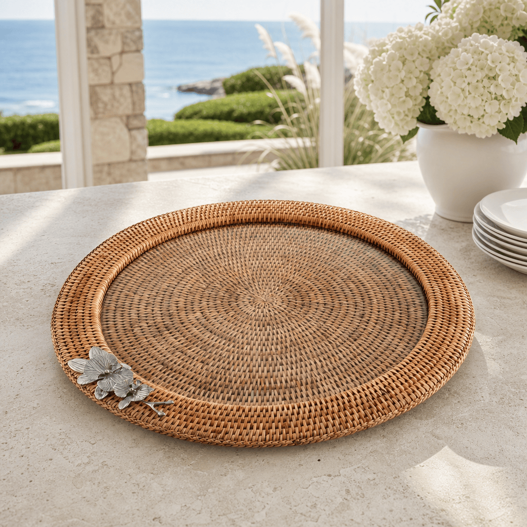 Orchid Round Serving Tray Hand Woven Wicker Rattan - Glass Insert 1
