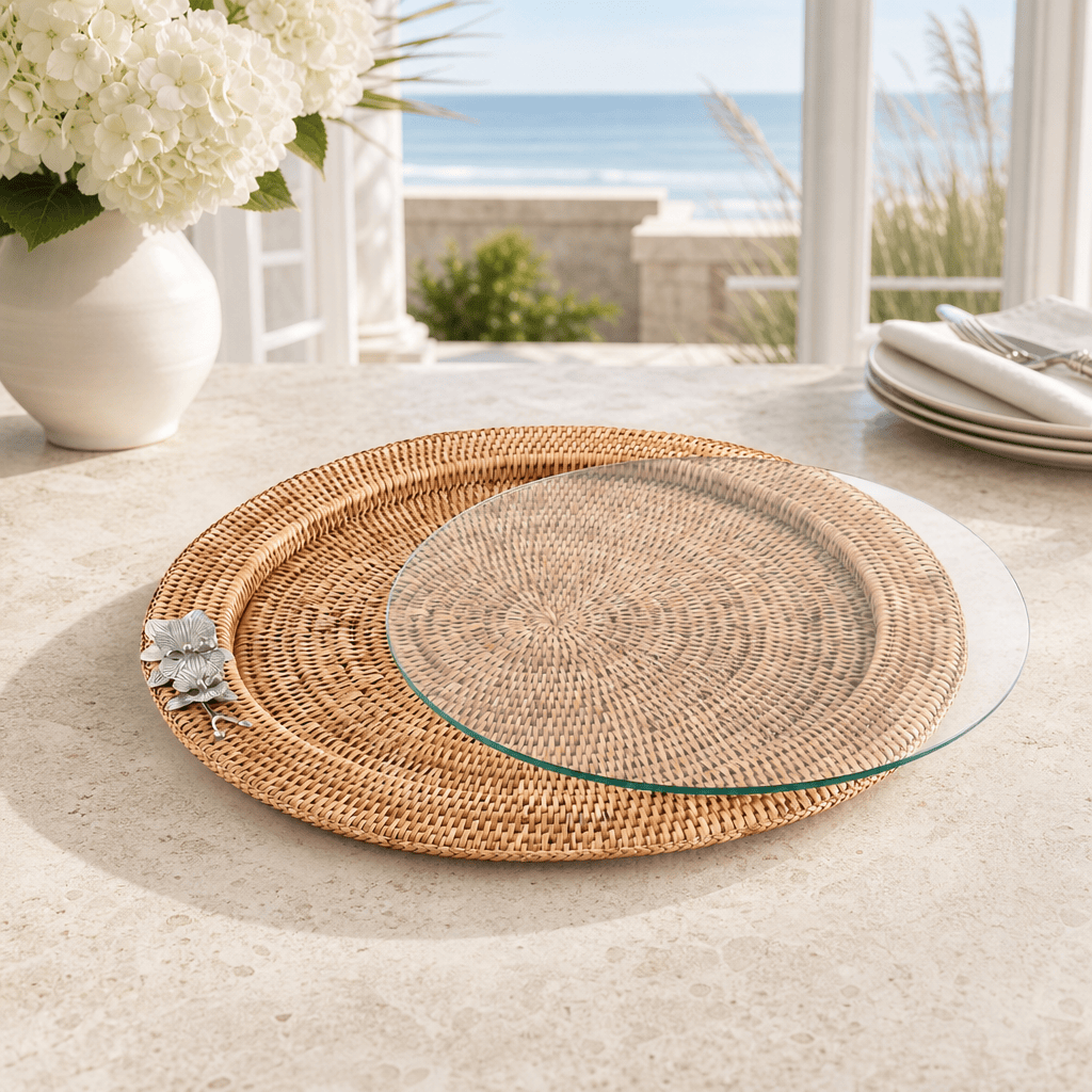 Orchid Round Serving Tray Hand Woven Wicker Rattan - Glass Insert 4