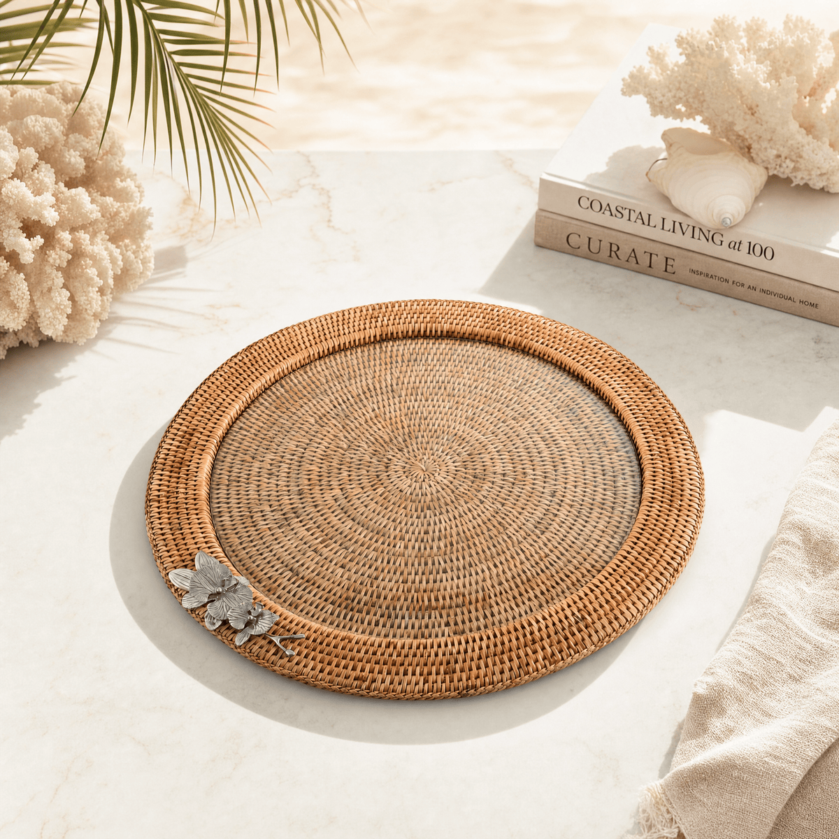 Orchid Round Serving Tray Hand Woven Wicker Rattan - Glass Insert 11