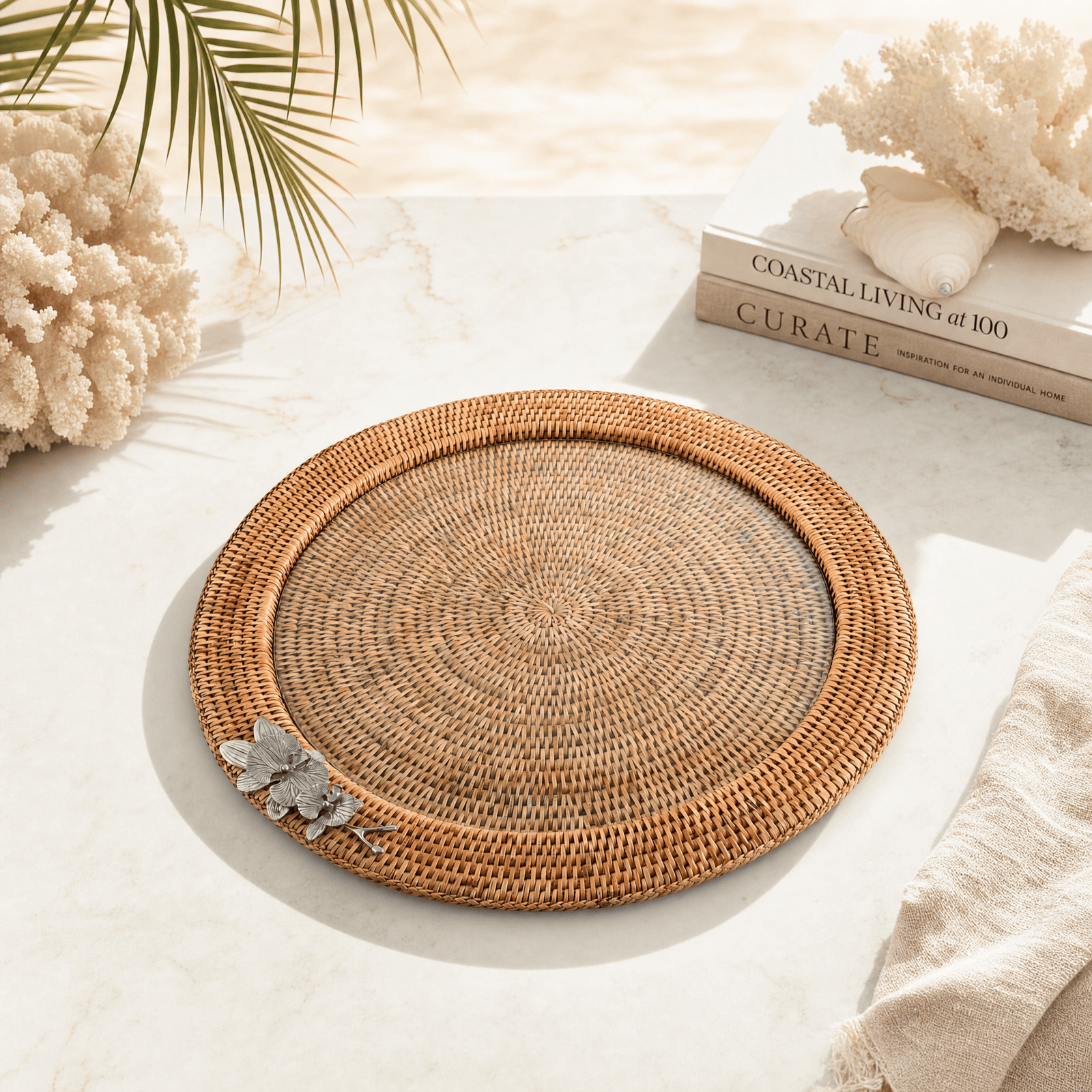 Orchid Round Serving Tray Hand Woven Wicker Rattan - Glass Insert 11