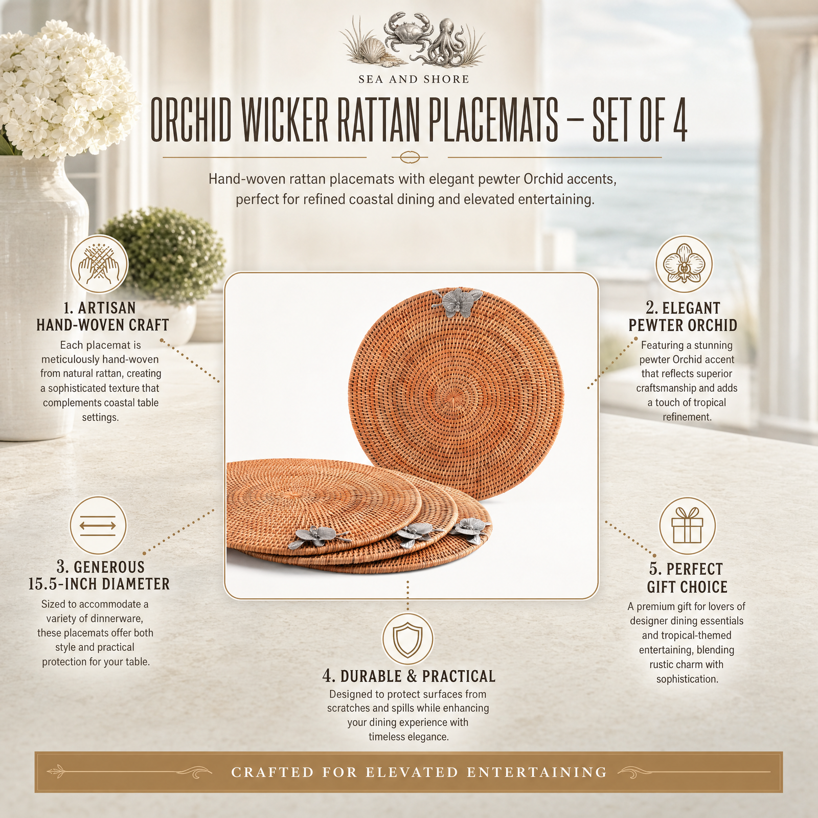 Orchid Placemat Hand Woven Wicker Rattan Round - Set of 4 11