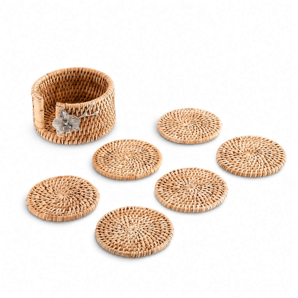 Orchid Hand Woven Wicker Rattan Coaster Set - 6 Coasters 10
