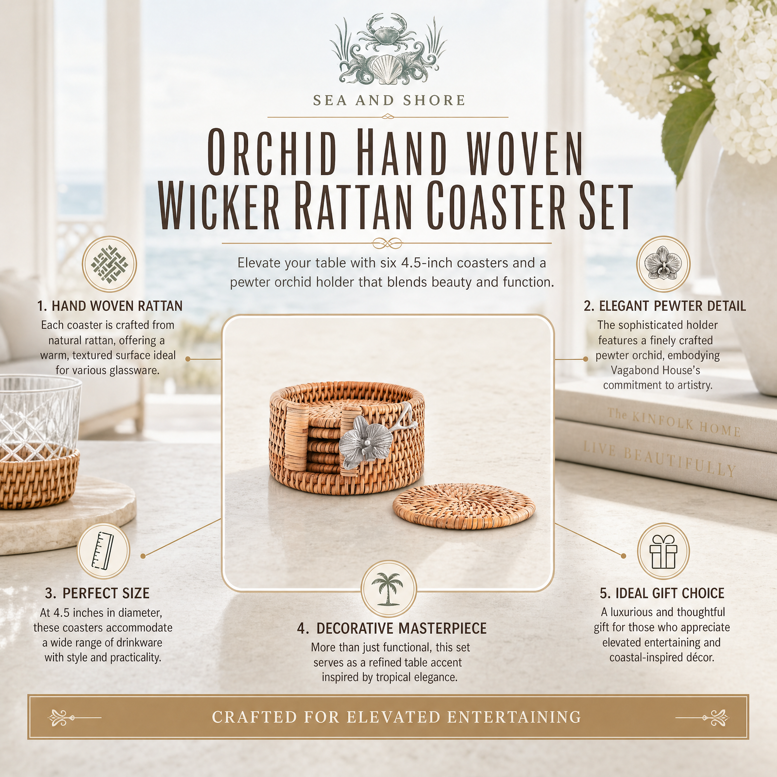 Orchid Hand Woven Wicker Rattan Coaster Set - 6 Coasters 11