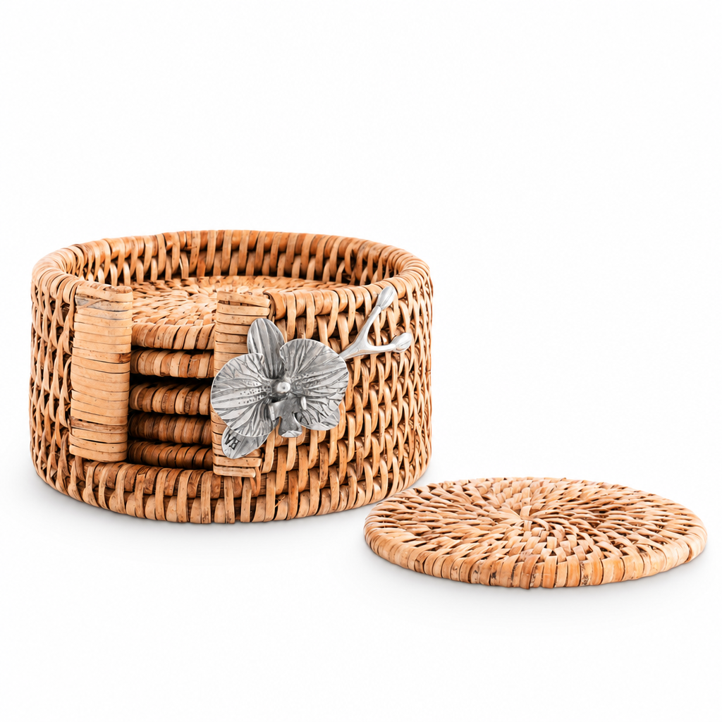 Orchid Hand Woven Wicker Rattan Coaster Set - 6 Coasters 1