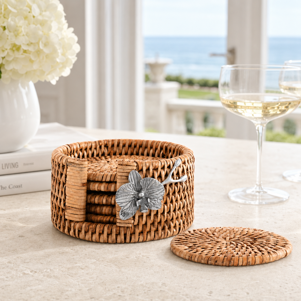 Orchid Hand Woven Wicker Rattan Coaster Set - 6 Coasters 1