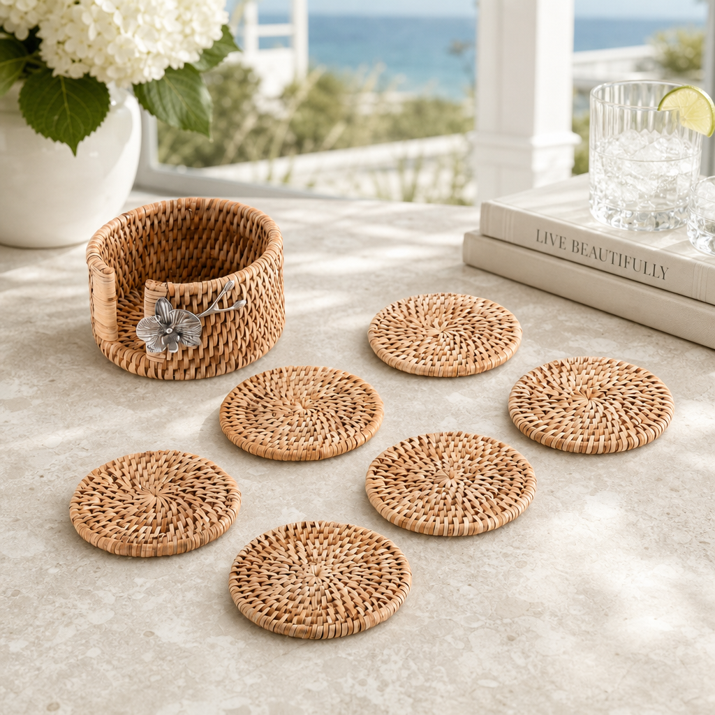 Orchid Hand Woven Wicker Rattan Coaster Set - 6 Coasters 3
