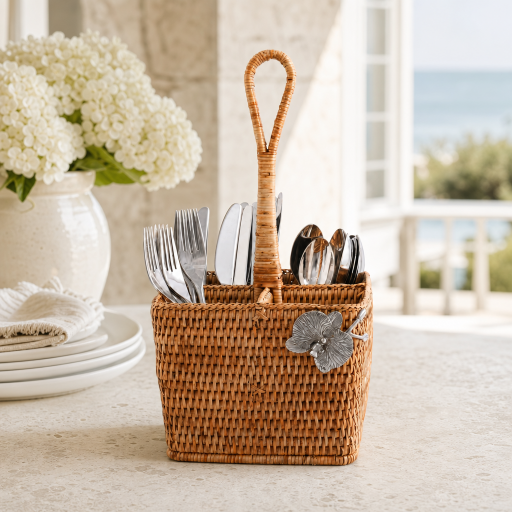 Orchid Hand Woven Wicker Rattan Flatware Caddy 1
