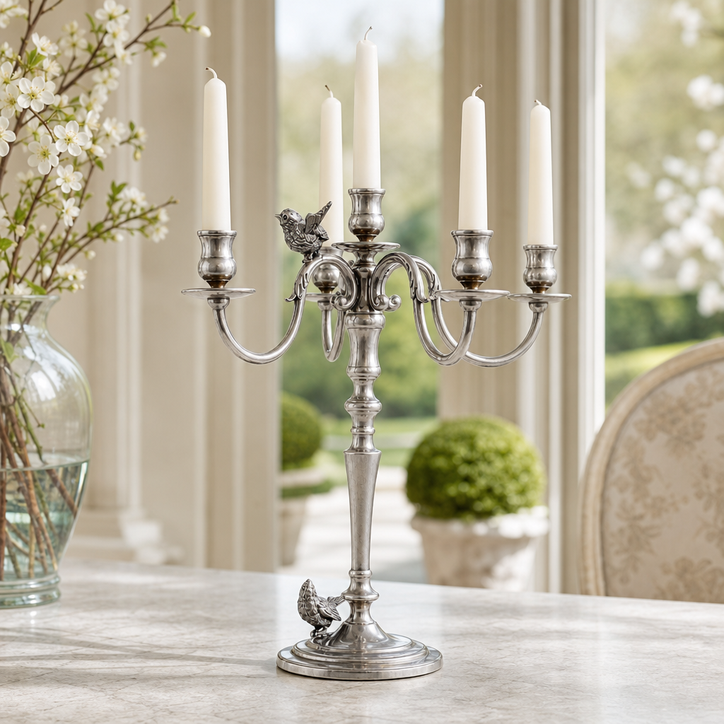 Five Taper Pewter Song Bird Candelabrum 1