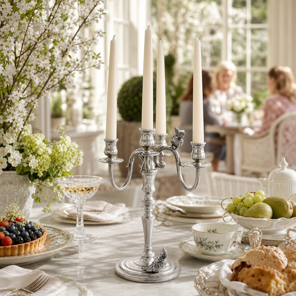 Five Taper Pewter Song Bird Candelabrum 8
