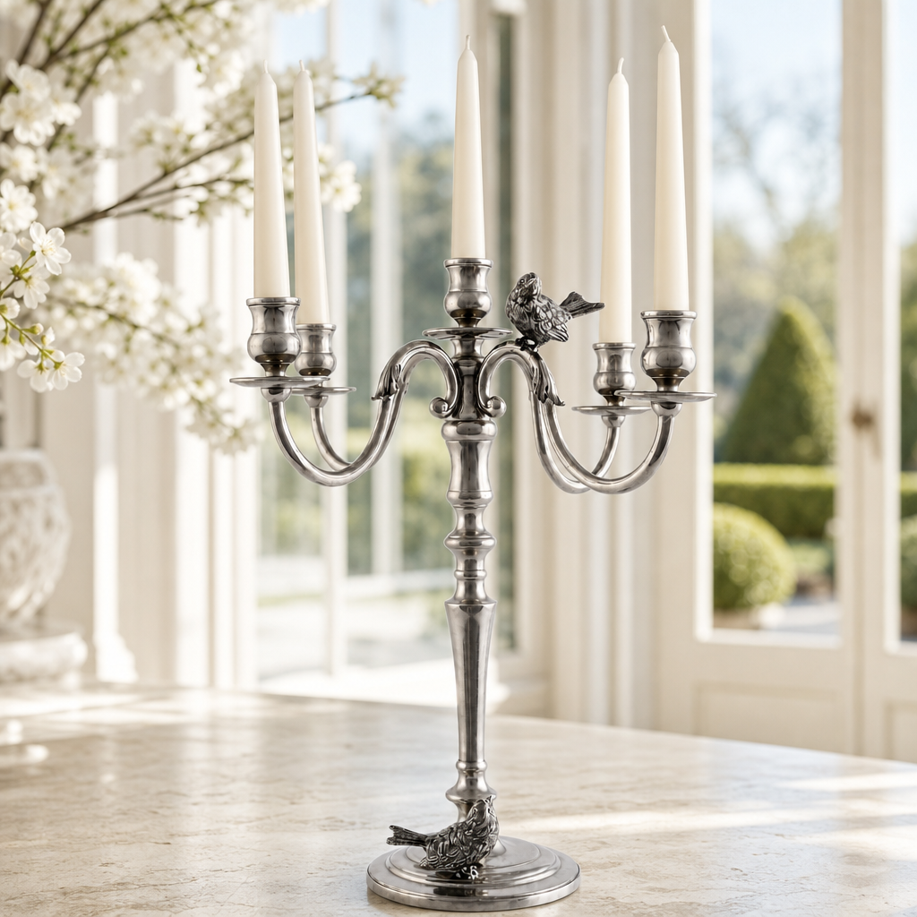 Five Taper Pewter Song Bird Candelabrum 3