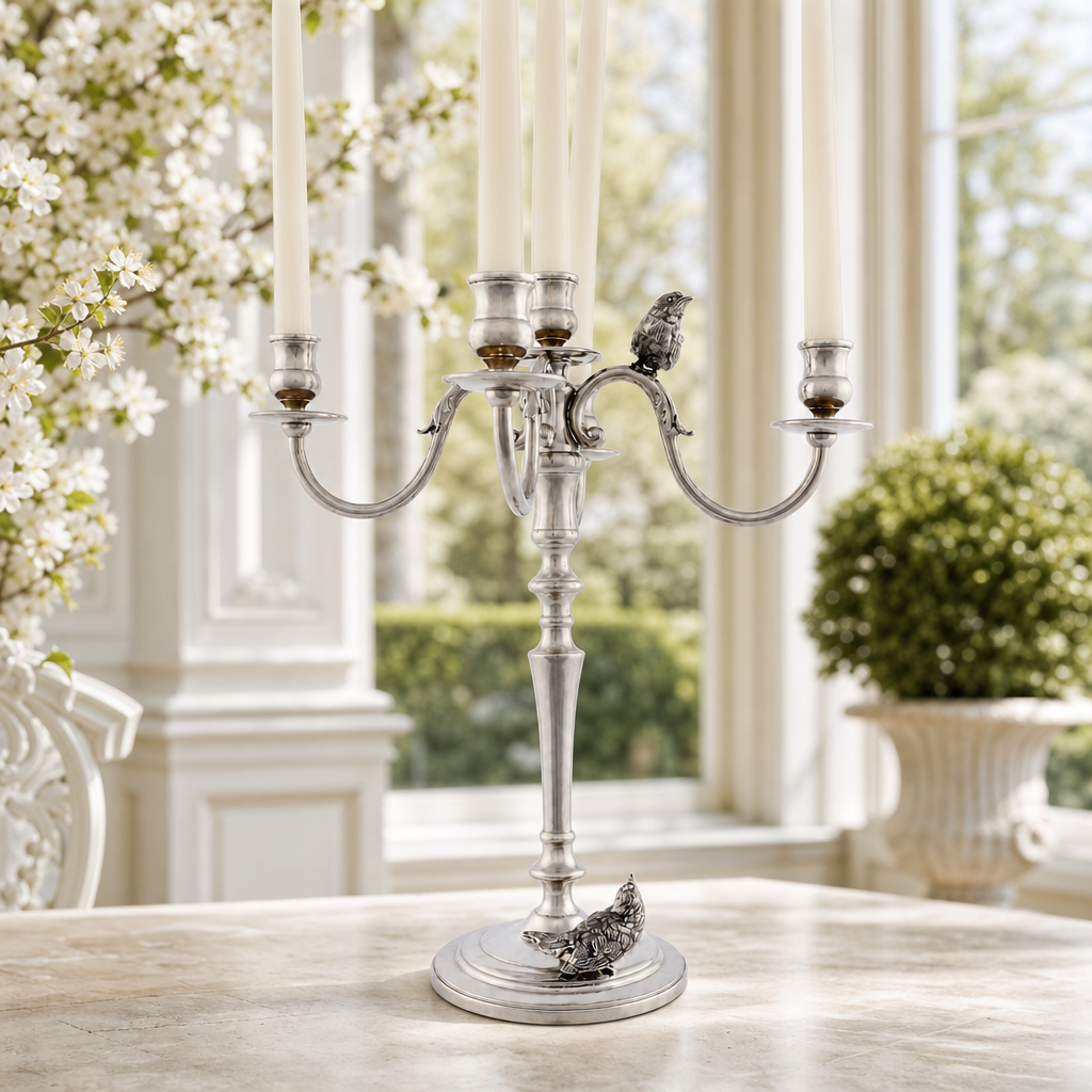 Five Taper Pewter Song Bird Candelabrum 4