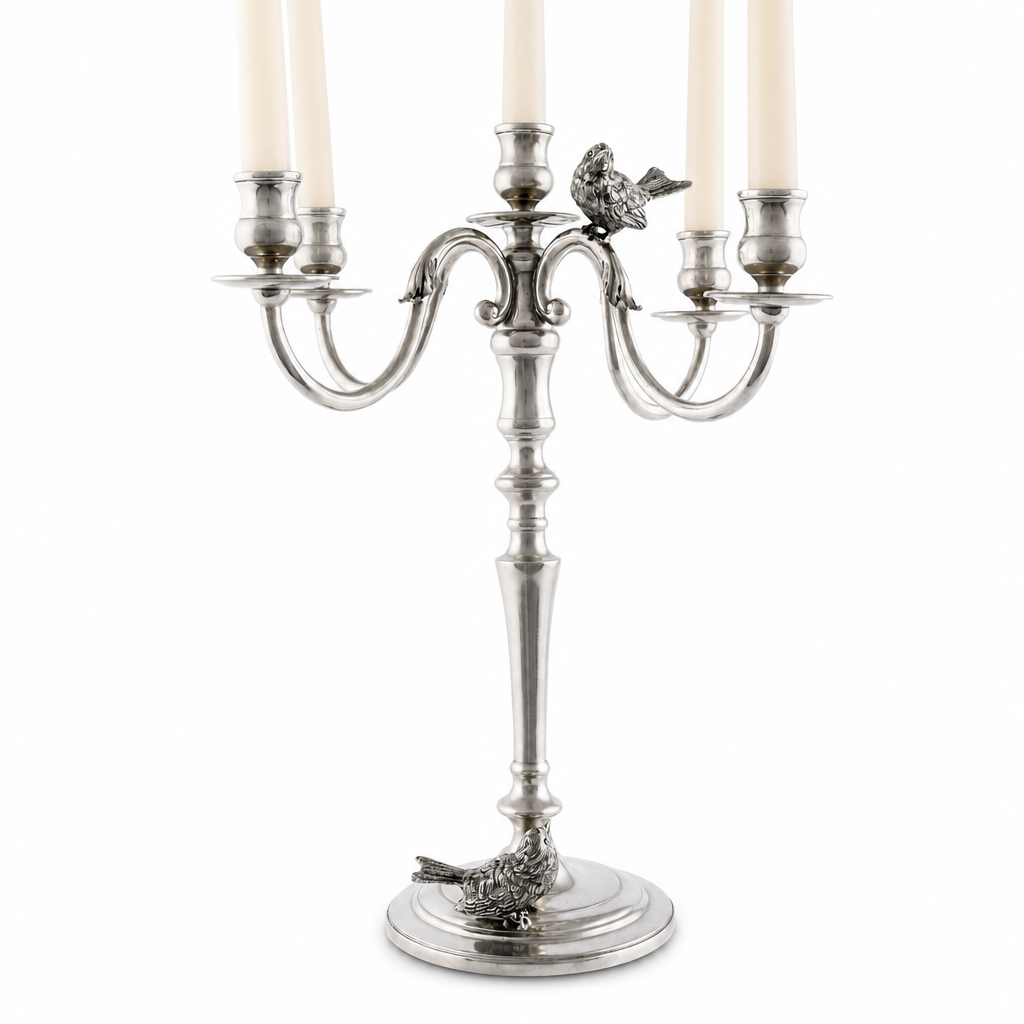 Five Taper Pewter Song Bird Candelabrum 8