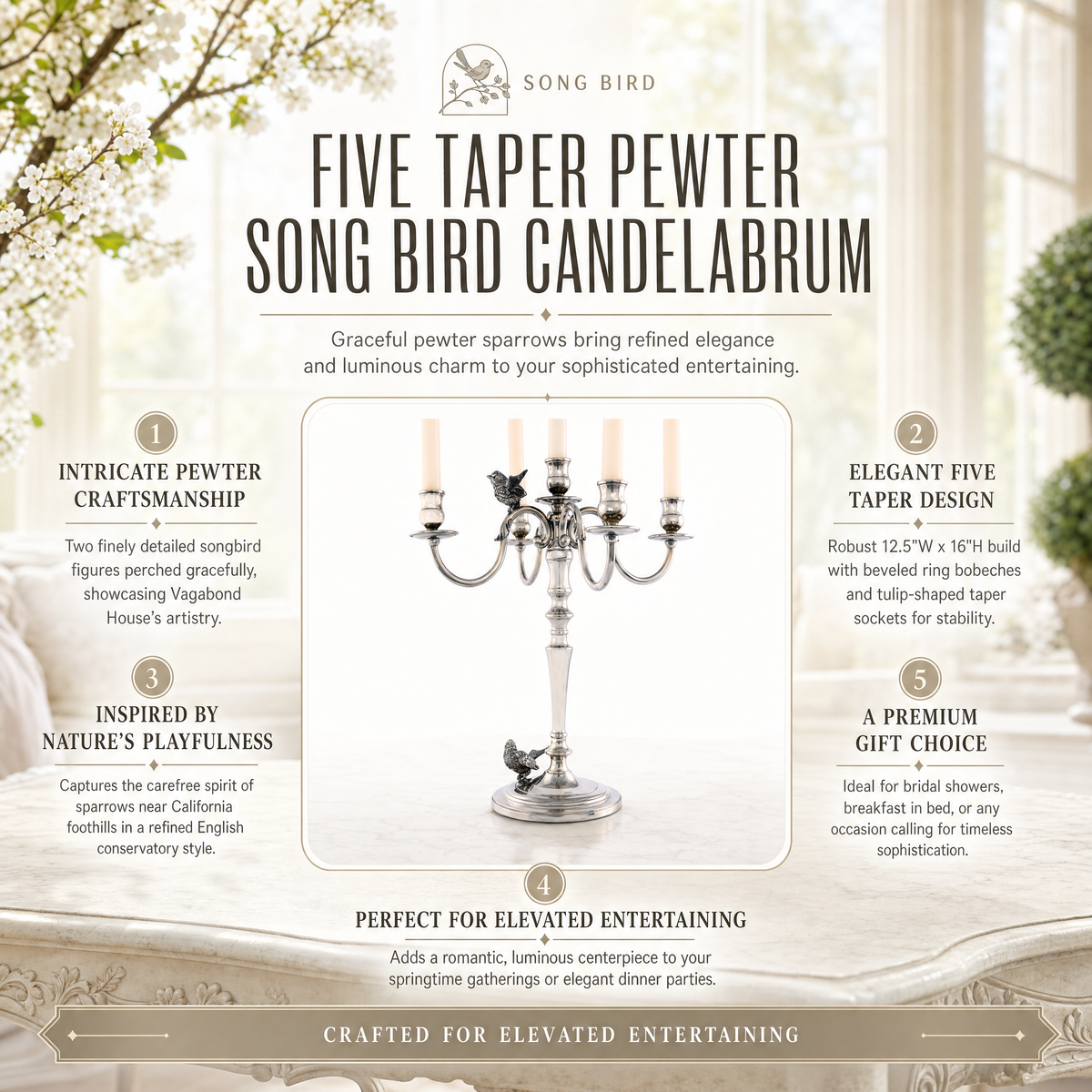 Five Taper Pewter Song Bird Candelabrum 9