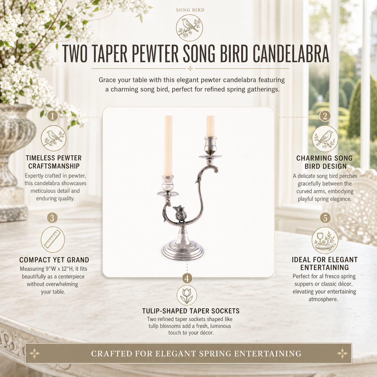 Two Taper Pewter Song Bird Candelabra 11