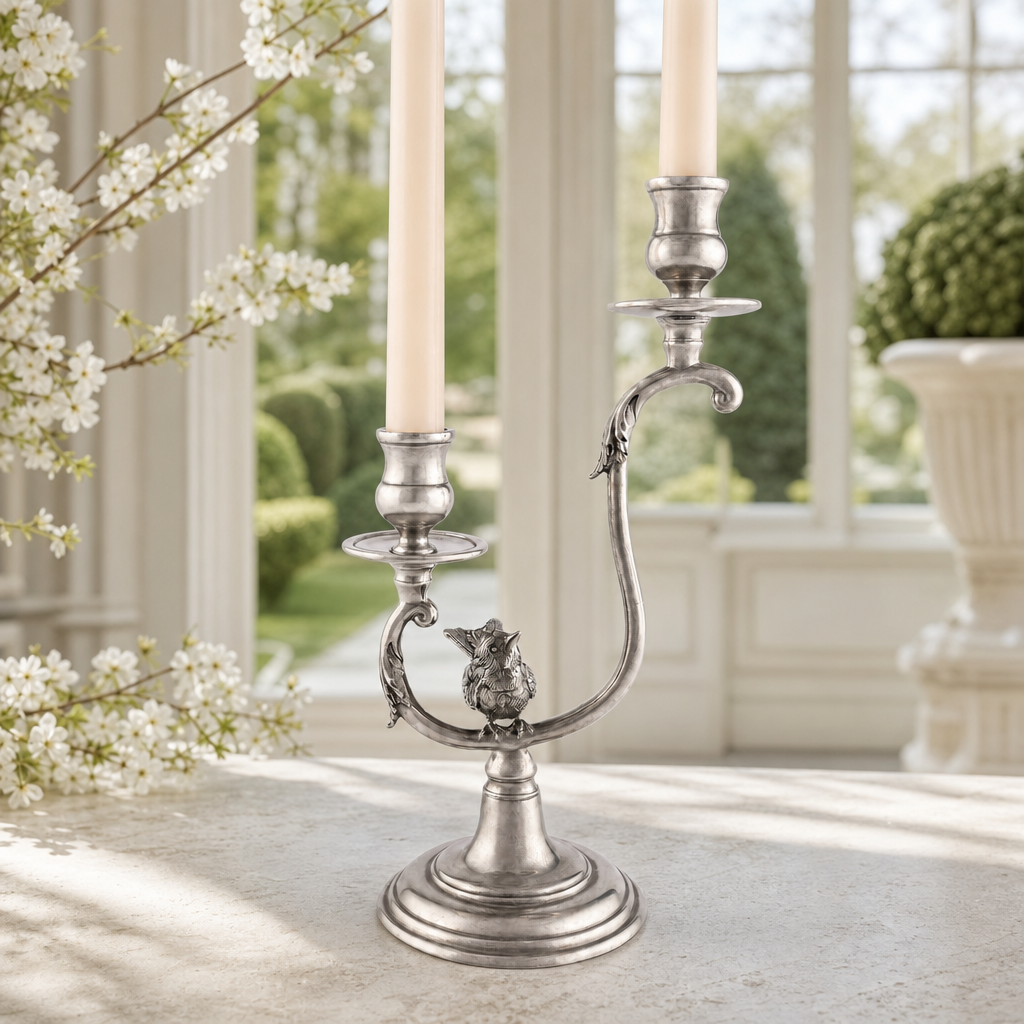 Two Taper Pewter Song Bird Candelabra 2