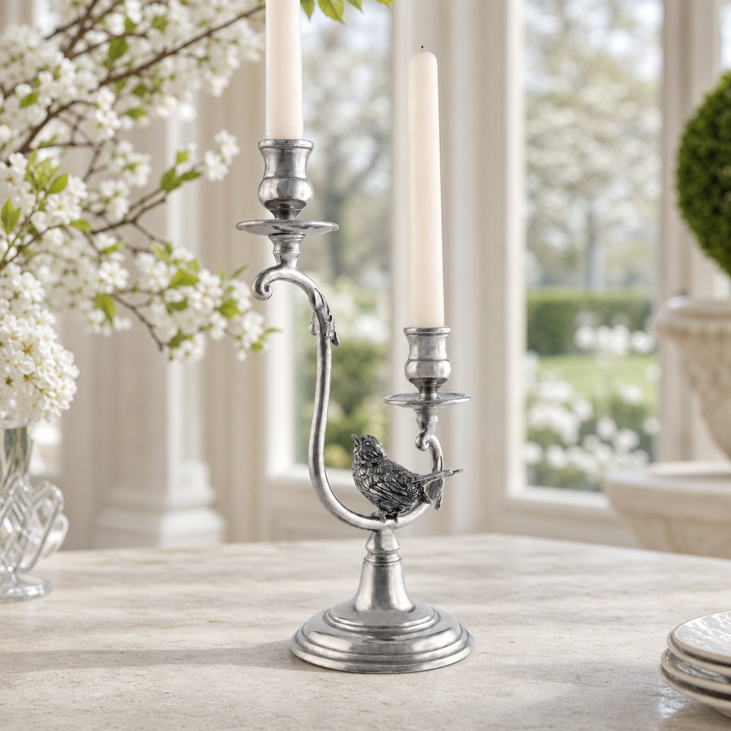 Two Taper Pewter Song Bird Candelabra 3