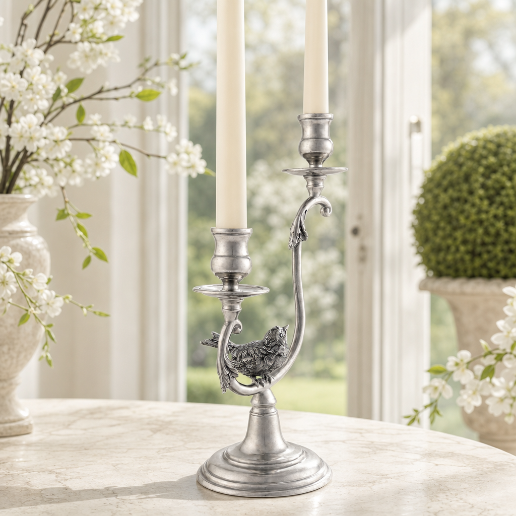 Two Taper Pewter Song Bird Candelabra 5