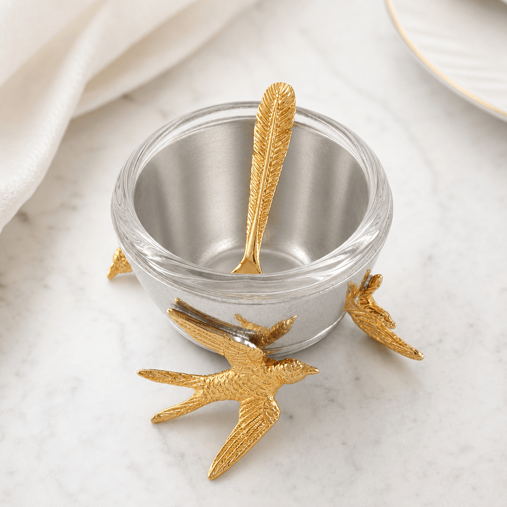 Flying Bird Gold Salt Cellar with Spoon 10