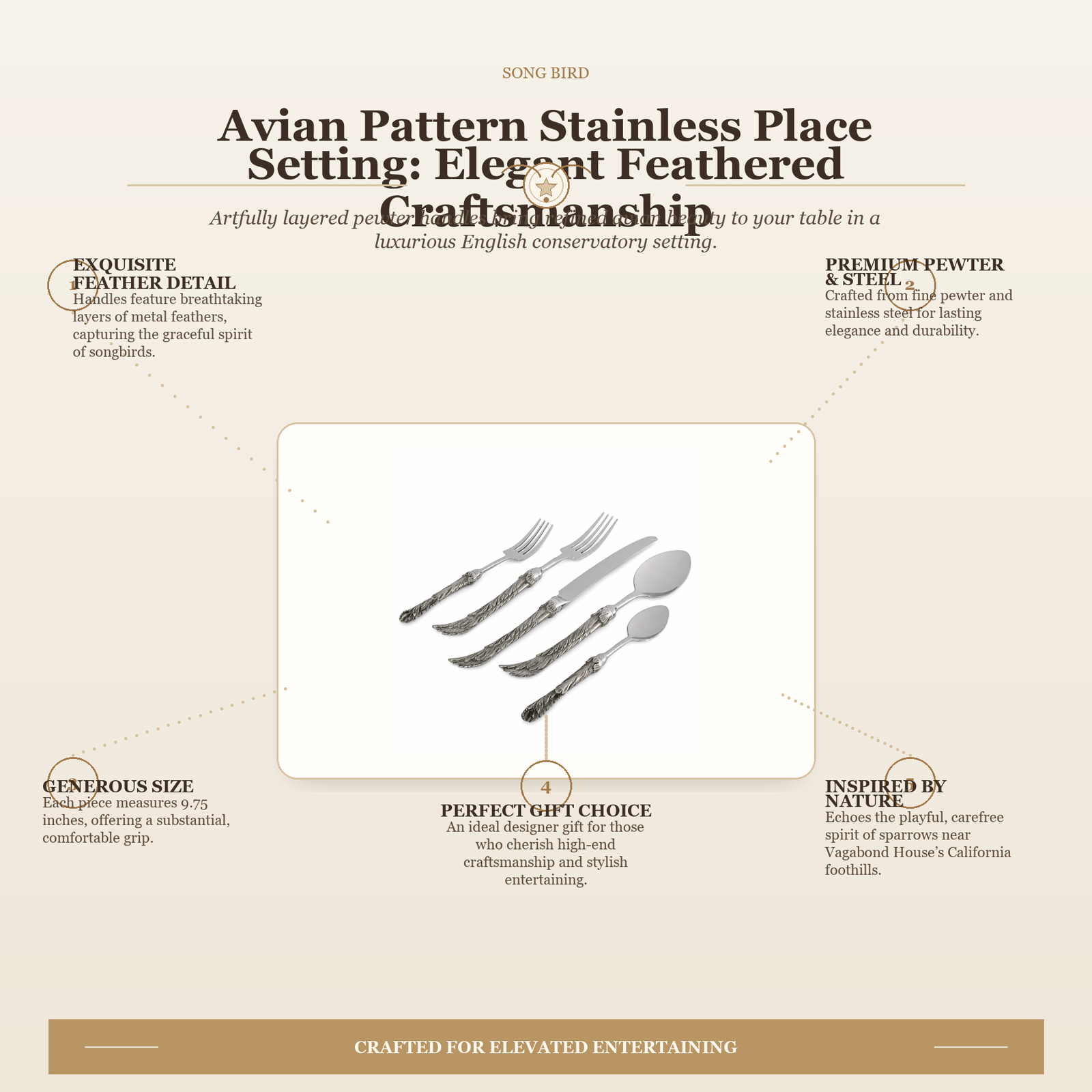 Avian Pattern Stainless Place Setting: Elegant Feathered Craftsmanship