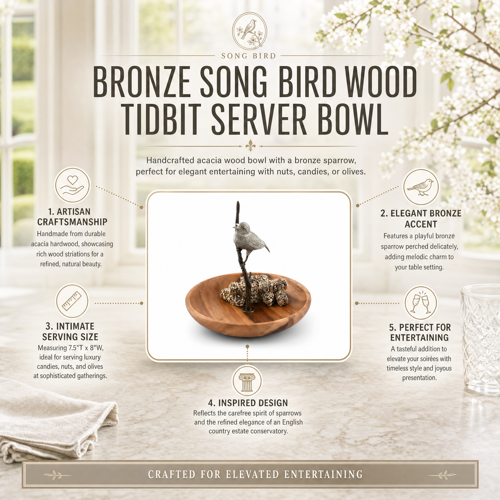 Bronze Song Bird Wood Tidbit Server Bowl 10