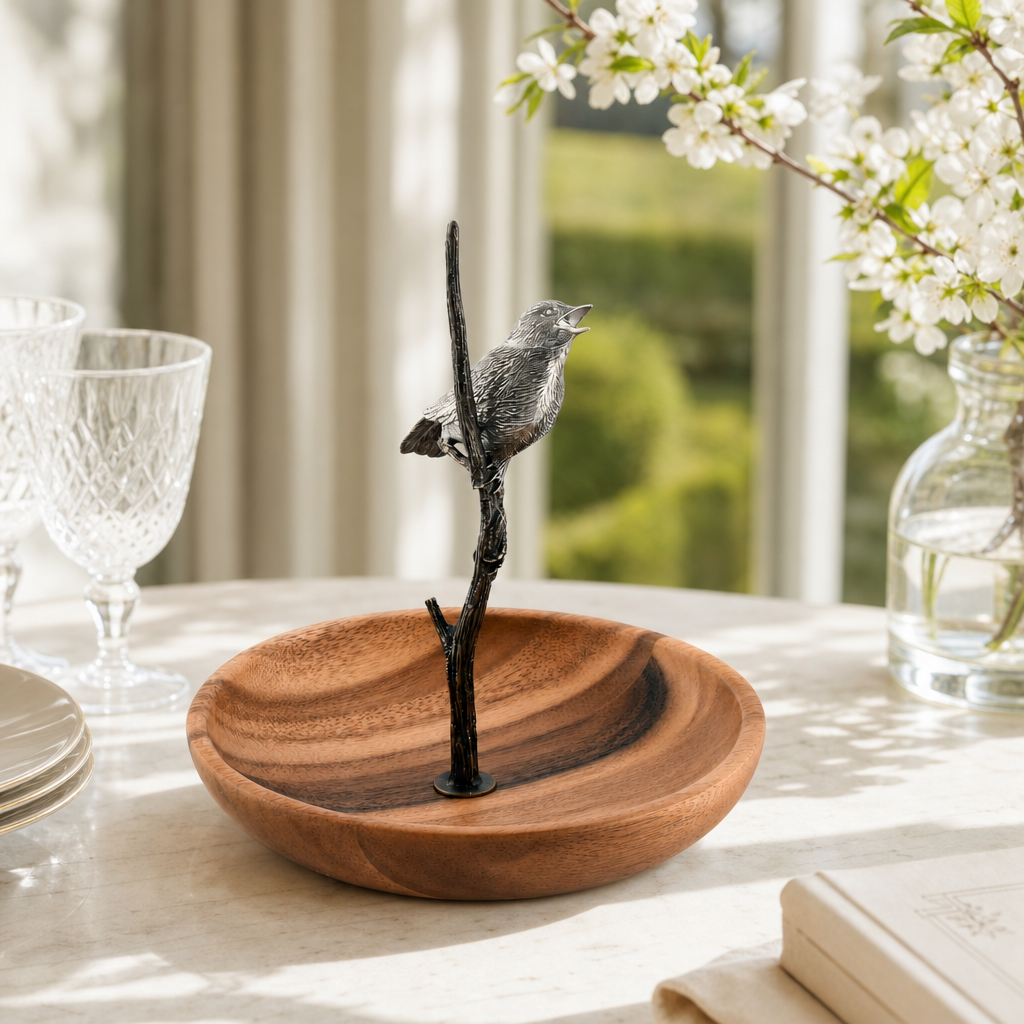 Bronze Song Bird Wood Tidbit Server Bowl 4