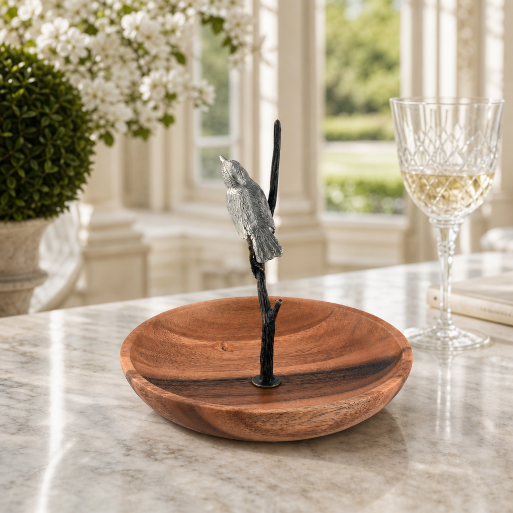 Bronze Song Bird Wood Tidbit Server Bowl 5