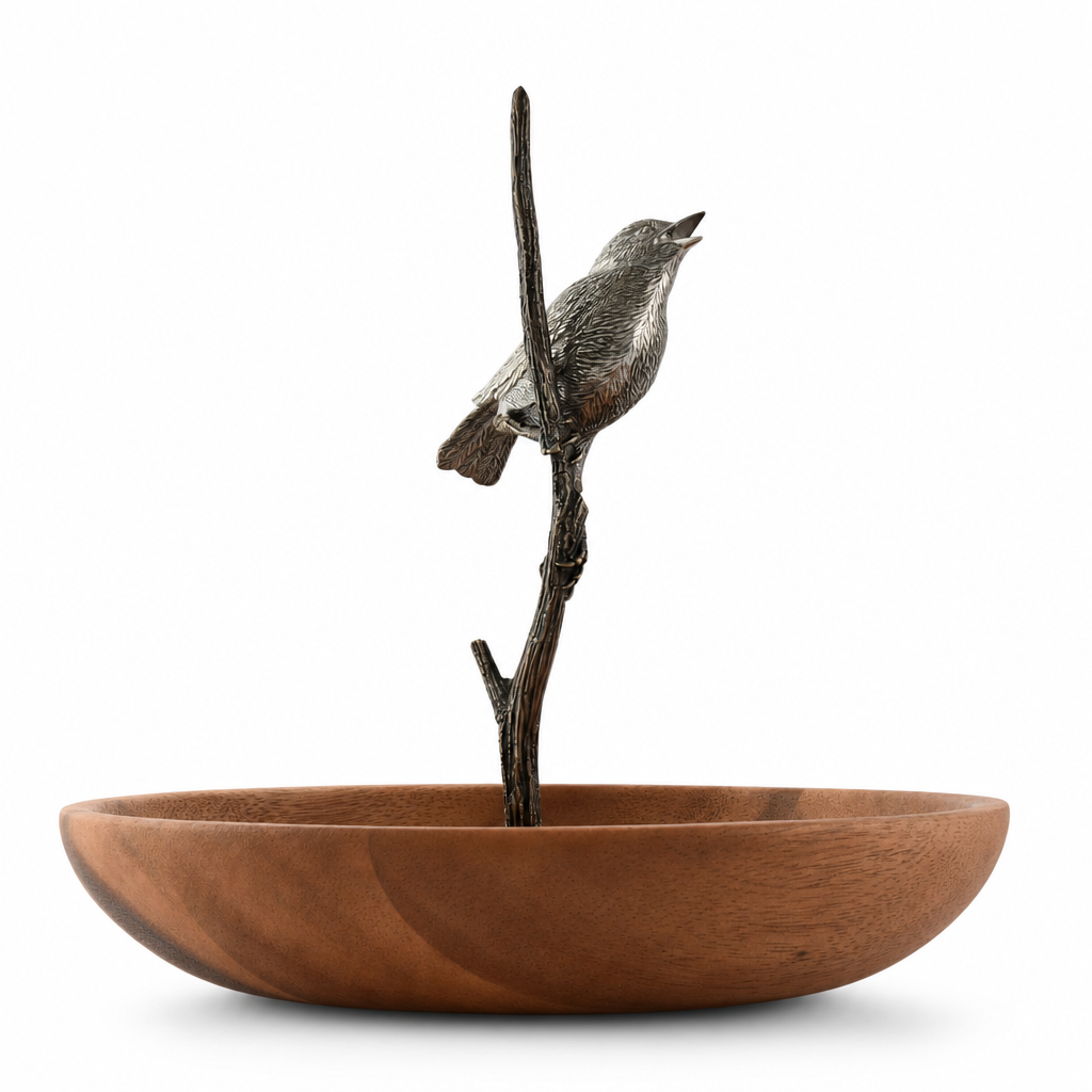 Bronze Song Bird Wood Tidbit Server Bowl 9